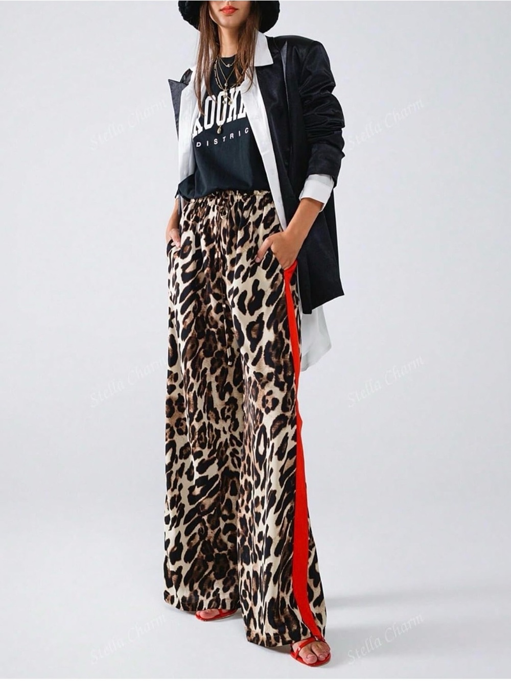 Leopard Print Wide-Leg Pants with Red Side Stripe